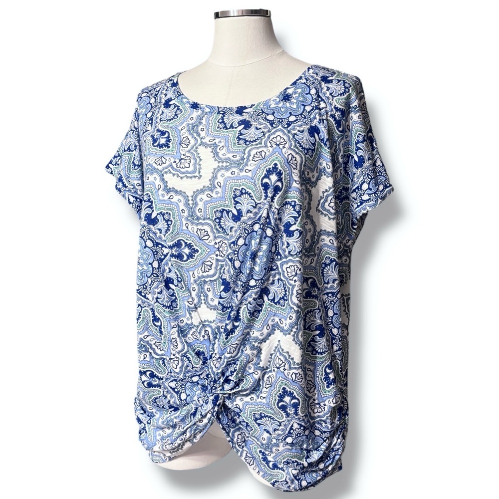 LUCKY BRAND Blue & White Medallion Print Cotton & Modal Crewneck Shirt
